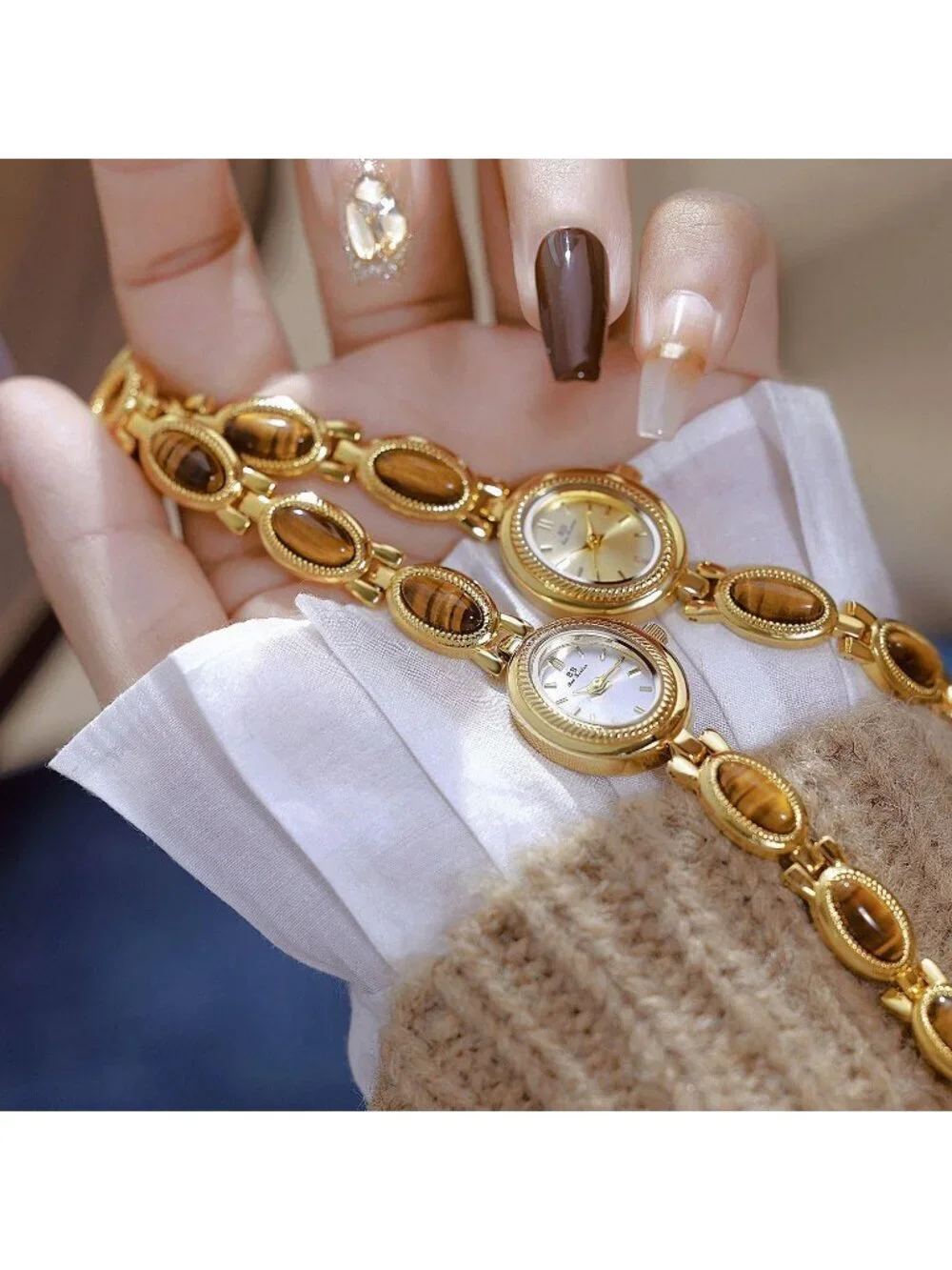 Women's Gold Brown Analog Quartz Waterproof Oval Dainty Vintage Bracelet Watch
